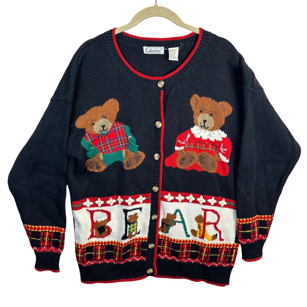 Gallagher Vintage Teddy Bear Plaid Cardigan Sweater Navy Blue Large 90s